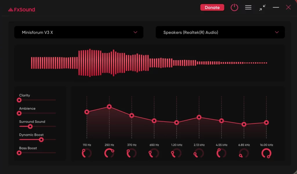 Interface du logiciel FxSound avec visualisation du son et égaliseur graphique