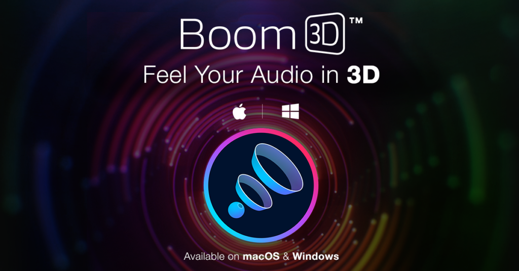 Visuel promotionnel du logiciel Boom 3D avec effet sonore immersif disponible sur macOS et Windows