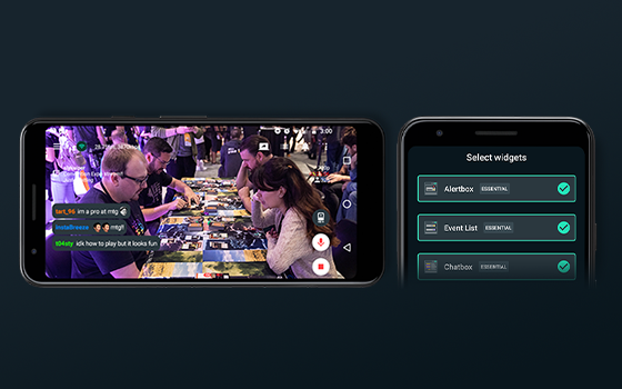 Interface de l'application mobile Streamlabs montrant un live en cours et la sélection de widgets personnalisables