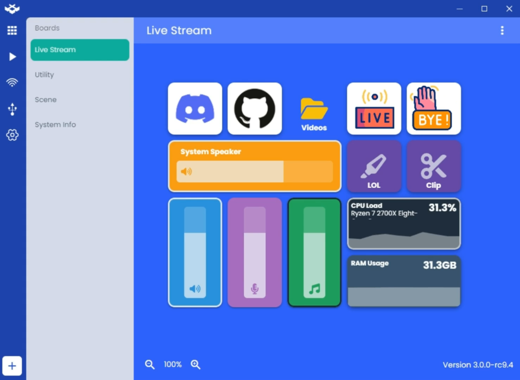 Tableau de bord d’une application de contrôle audio et de monitoring système pour le streaming en direct
