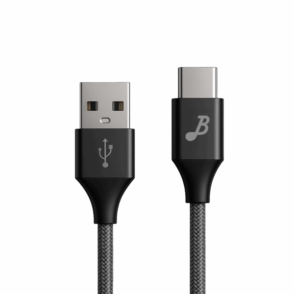 Gros plan sur le câble USB-A vers USB-C Berclet – connecteurs visibles avec finition noire mate.