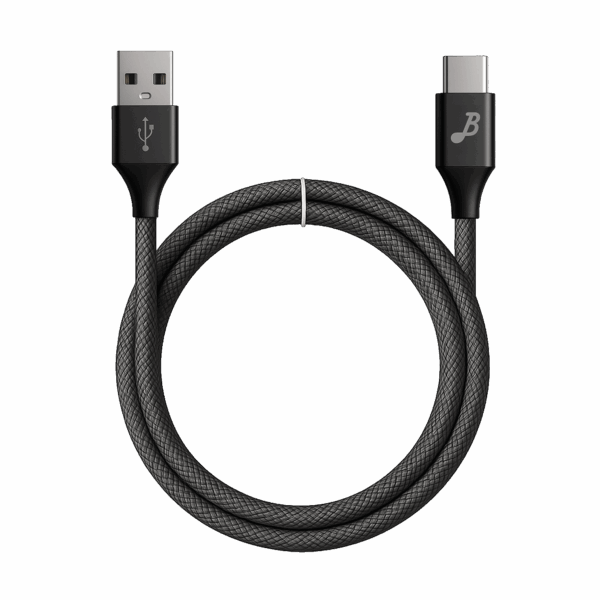 Câble USB-A vers USB-C noir tressé enroulé avec attache blanche – accessoire conçu pour alimenter le Berclet